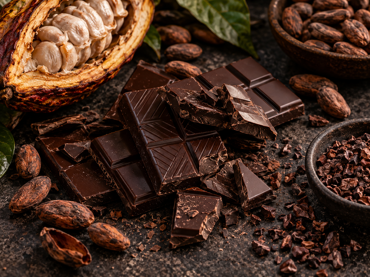 Pure chocolade, cacaobonen en cacao als sfeerbeeld