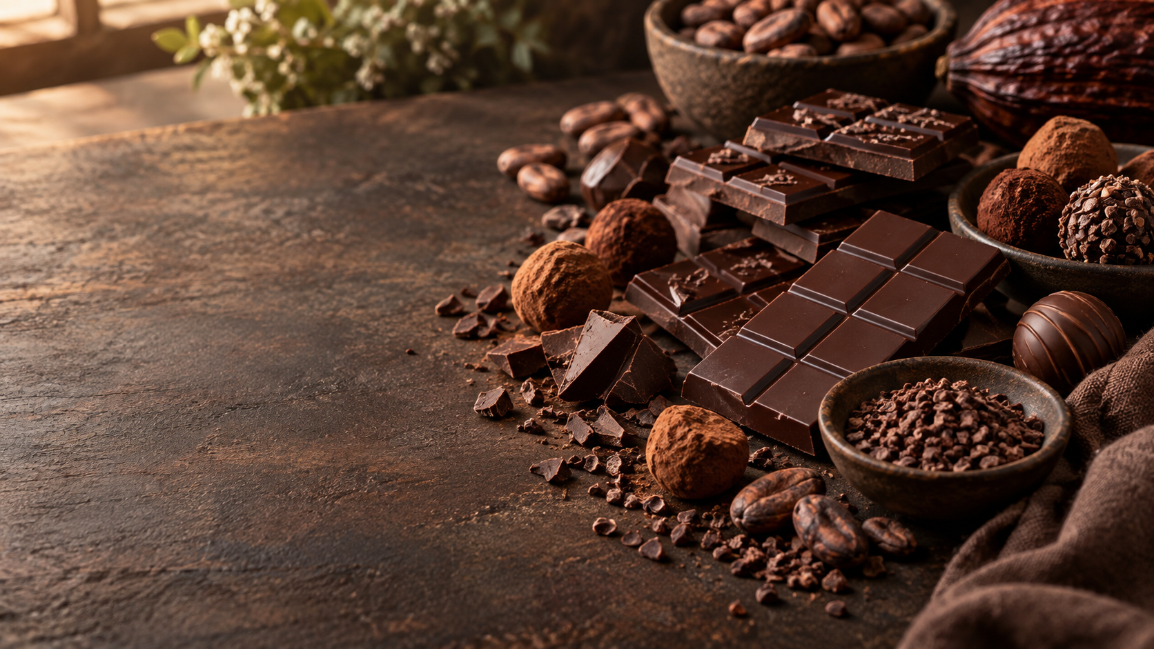 Ambachtelijke chocolade, truffels, cacaobonen en cacaonibs