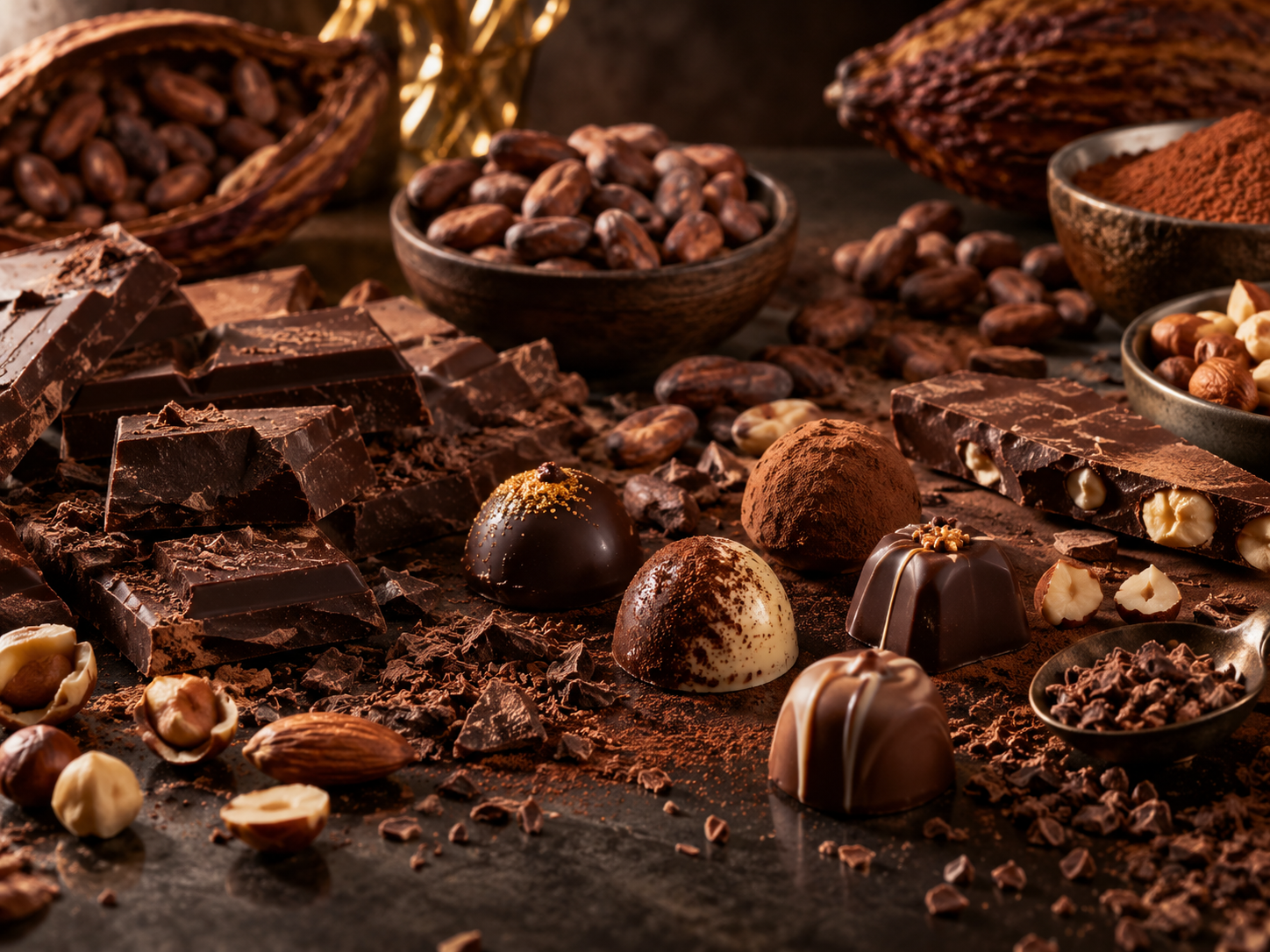 Chocoladeproeverij met cacao en verschillende chocoladevormen