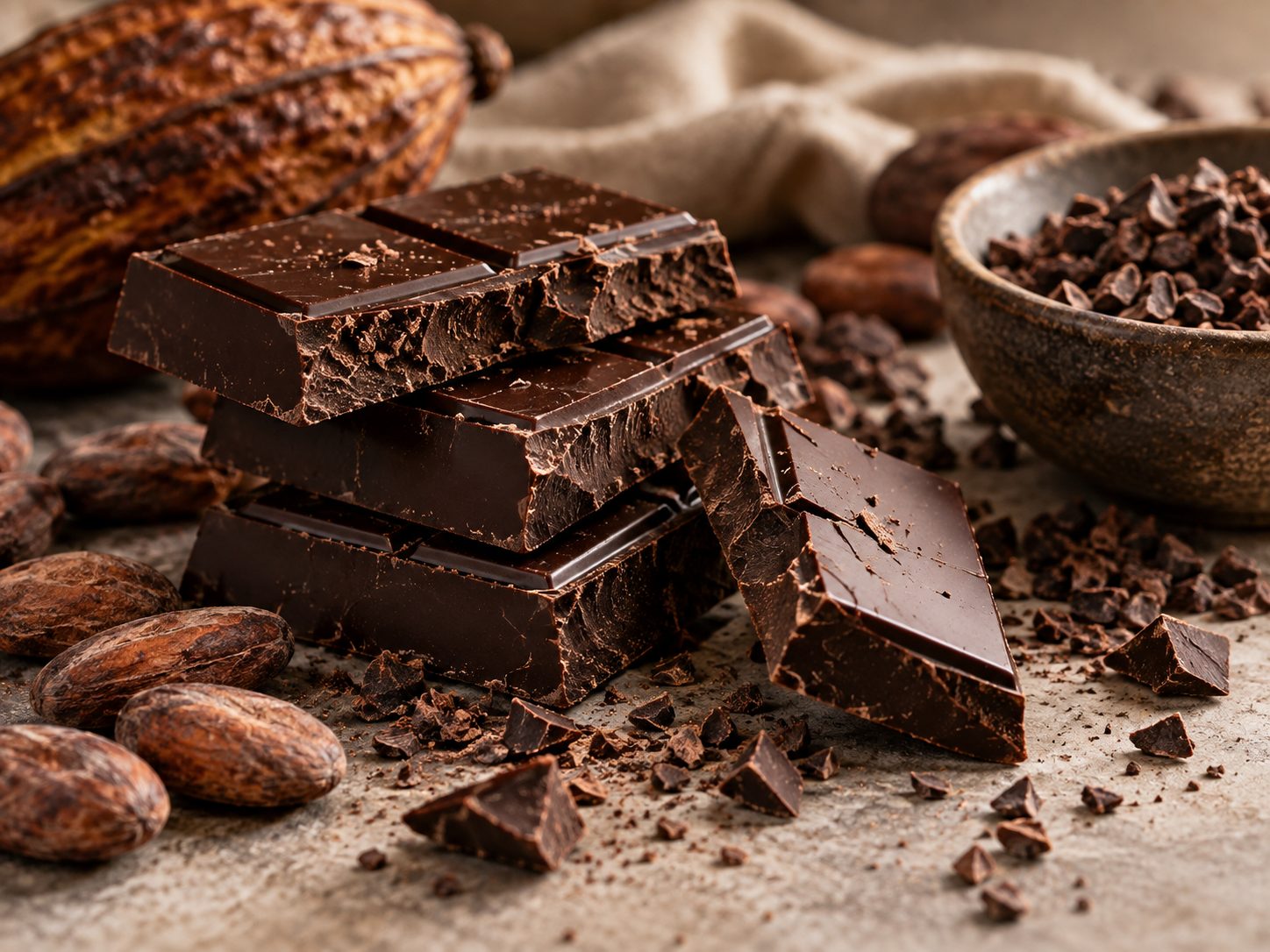 Pure chocolade met cacaobonen en cacaonibs