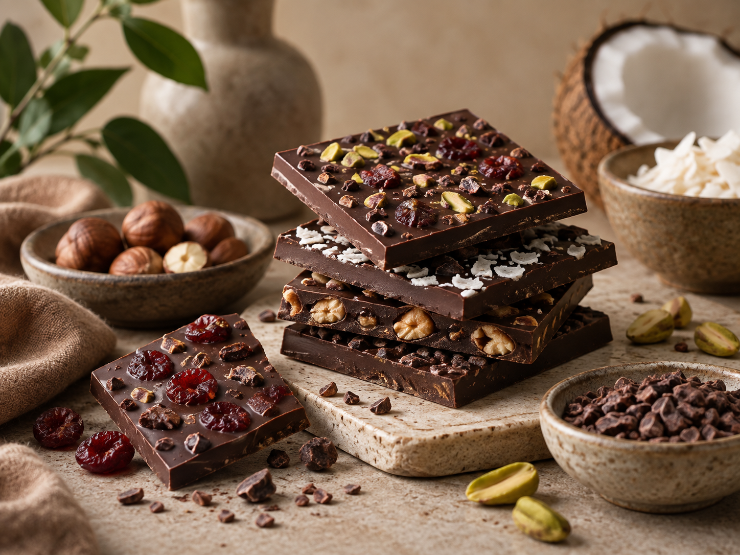 Pure chocolade met pistache, kokos en gedroogd fruit