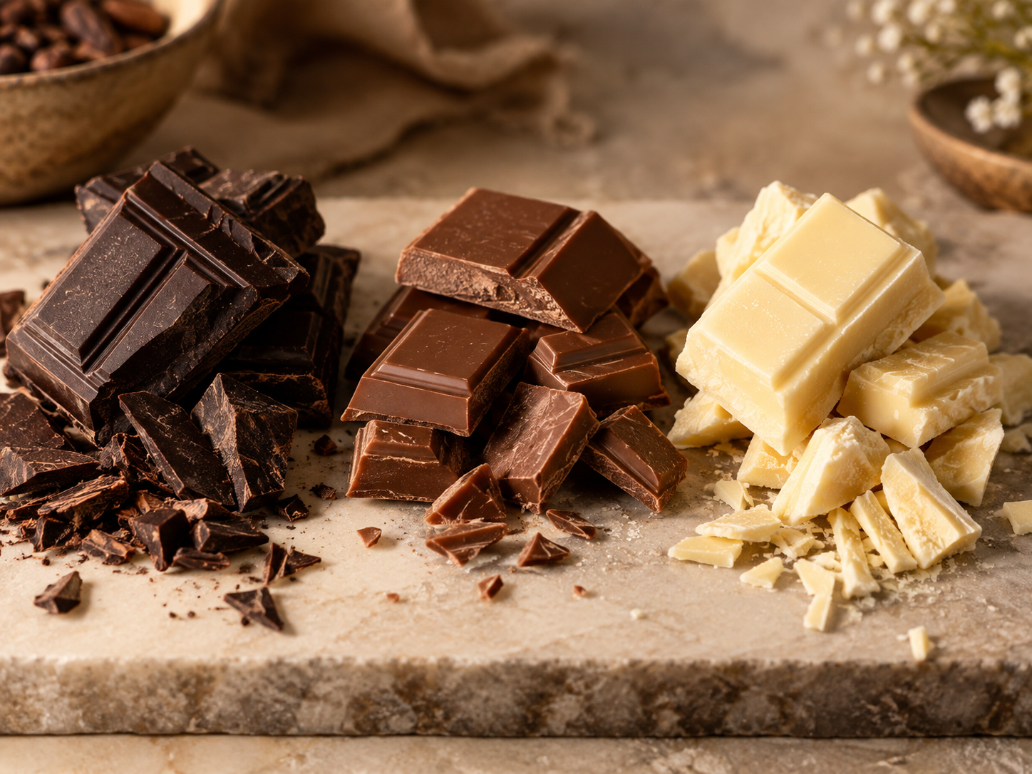 Pure, melk- en witte chocolade naast elkaar