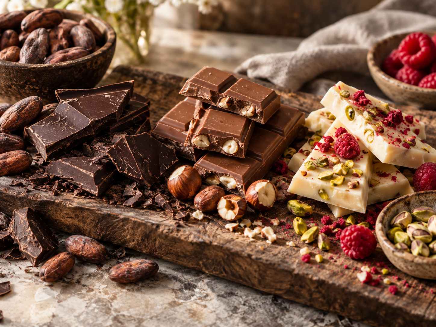 Sfeervolle chocoladeproeverij met verschillende soorten chocolade