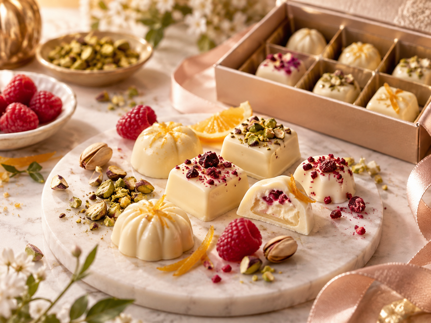 Witte chocolade met pistache, framboos en citrus
