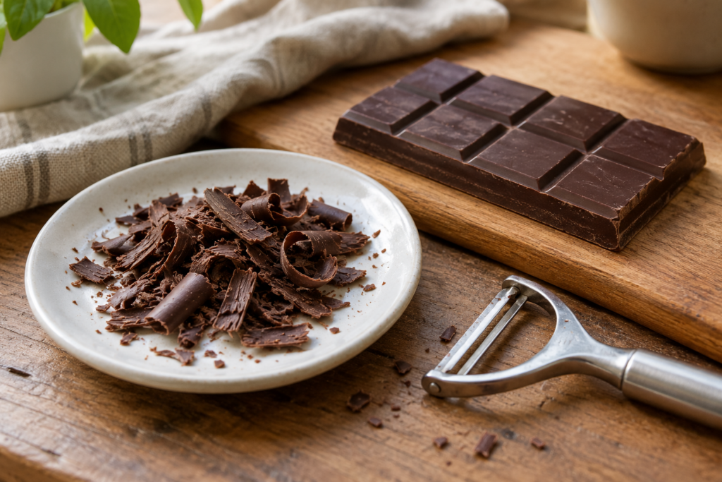 Chocoladeschaafsel naast een chocoladereep en dunschiller — AI-illustratie