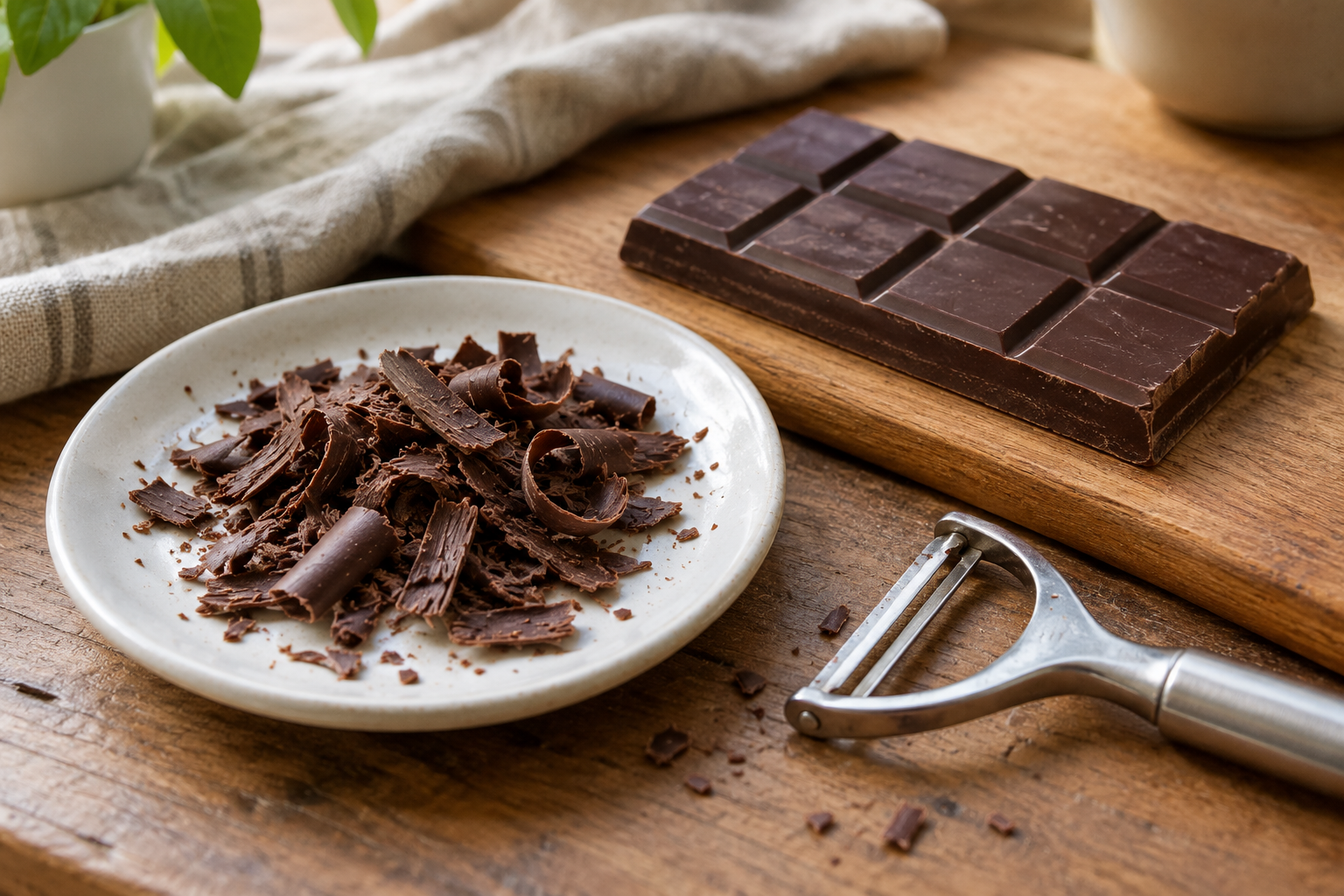 Chocoladeschaafsel naast een chocoladereep en dunschiller — AI-illustratie