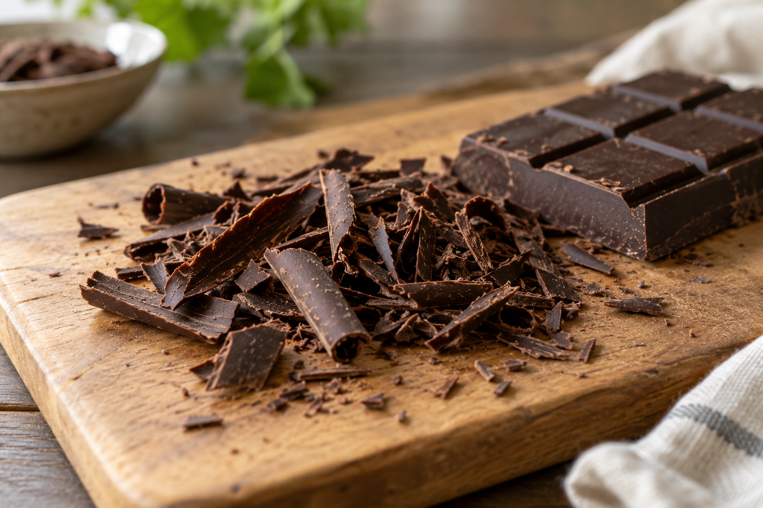 Dunne chocoladekrullen op een houten plank — AI-illustratie
