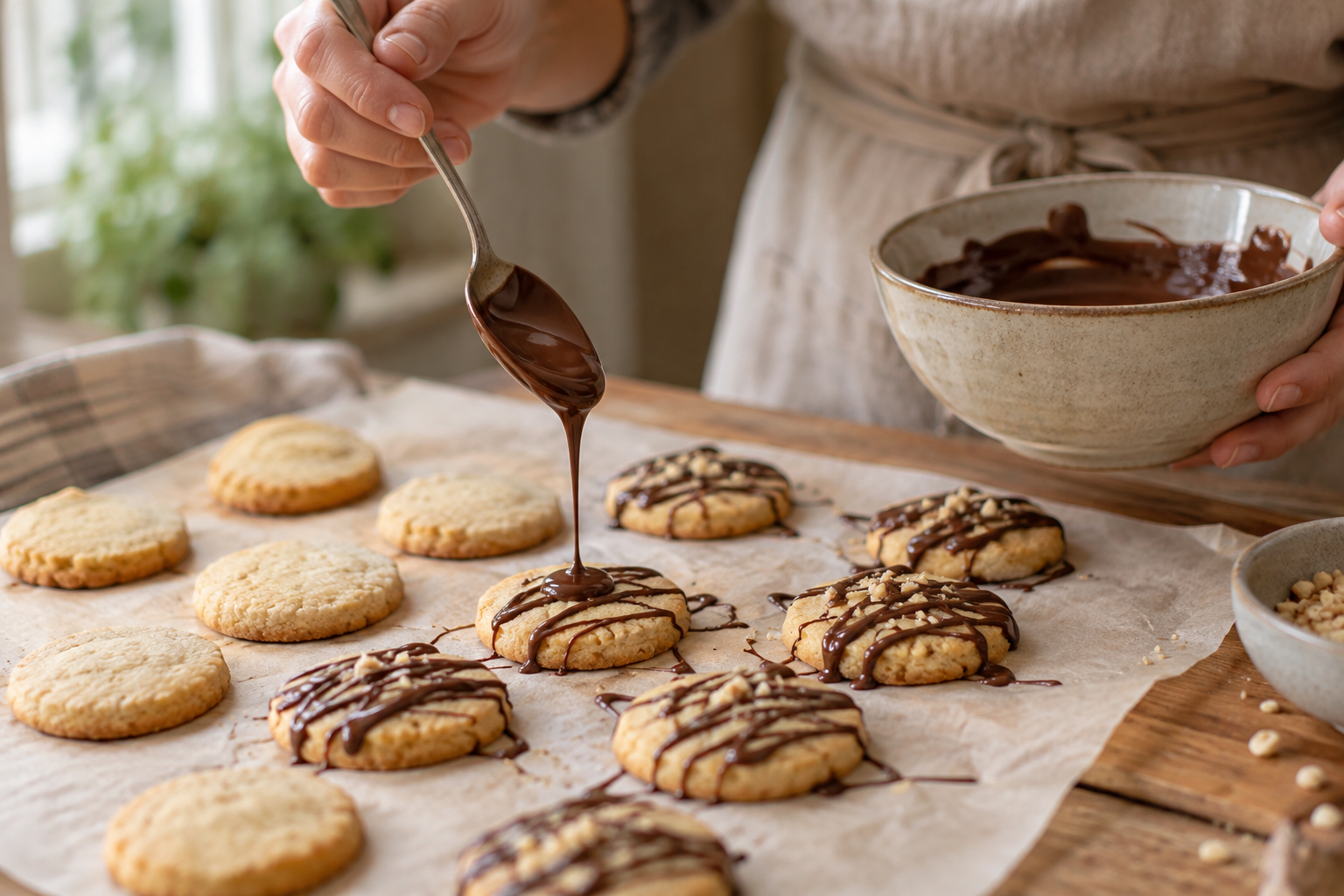 Gesmolten chocolade naast eenvoudige koekjes