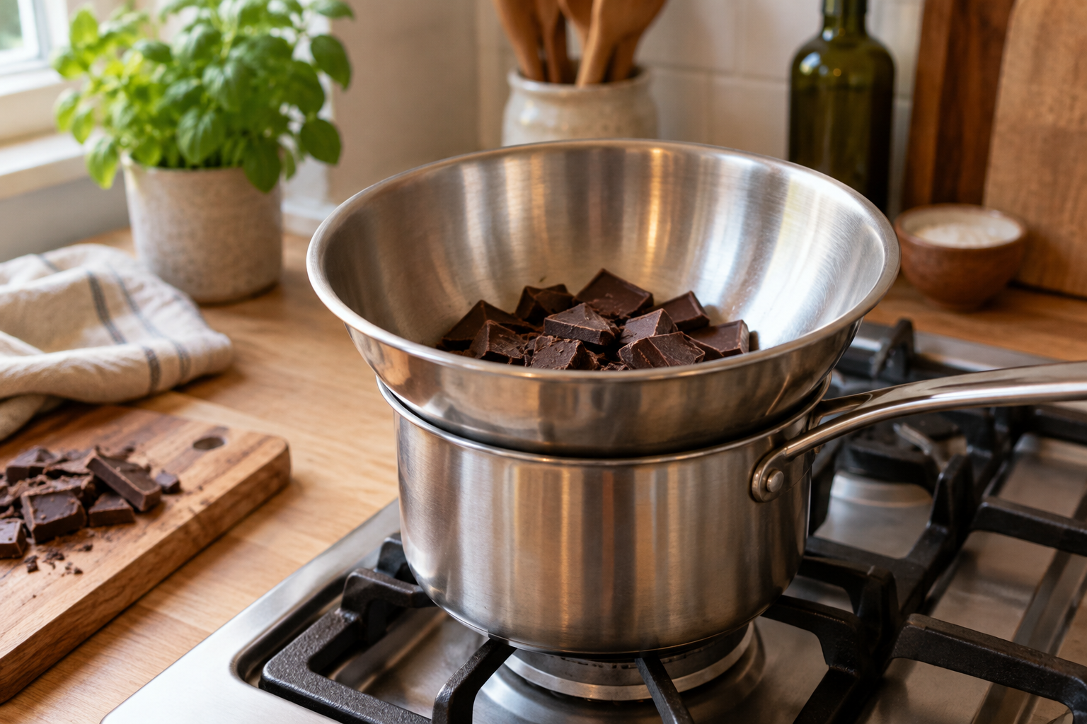Kom met chocolade boven een pan voor au bain-marie smelten