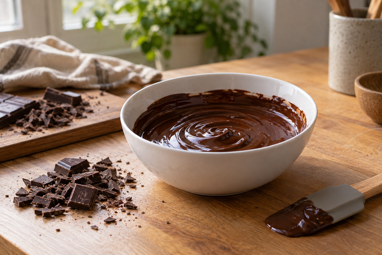 Kom met gesmolten pure chocolade en een spatel