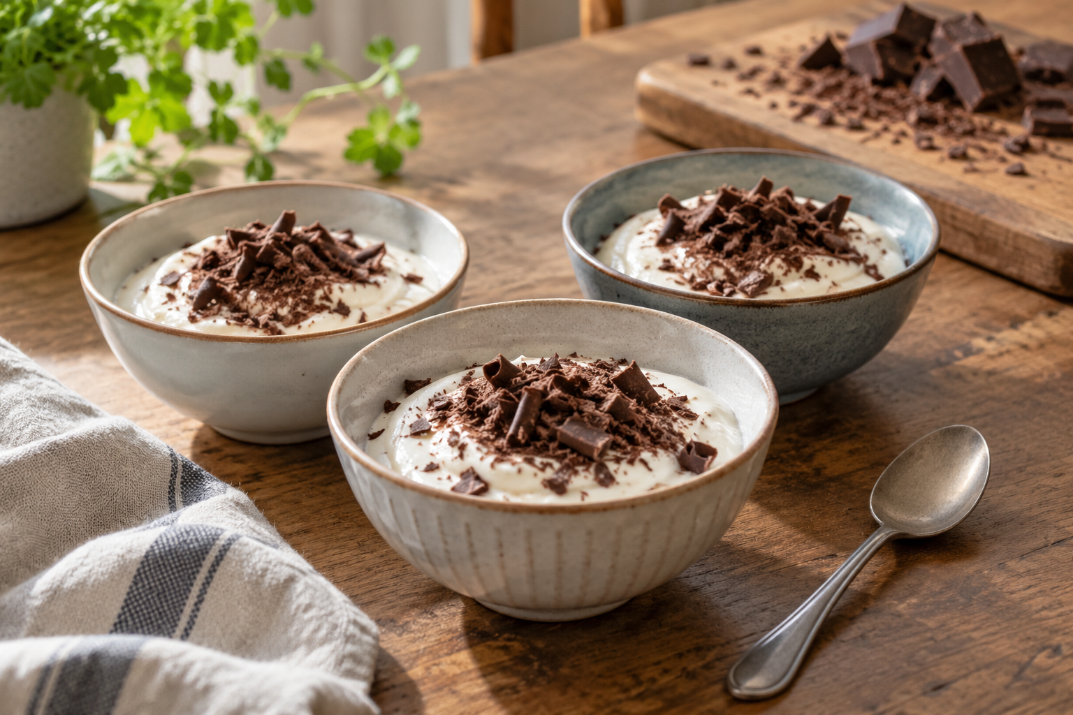 Yoghurt met chocoladeschaafsel in drie kommetjes — AI-illustratie