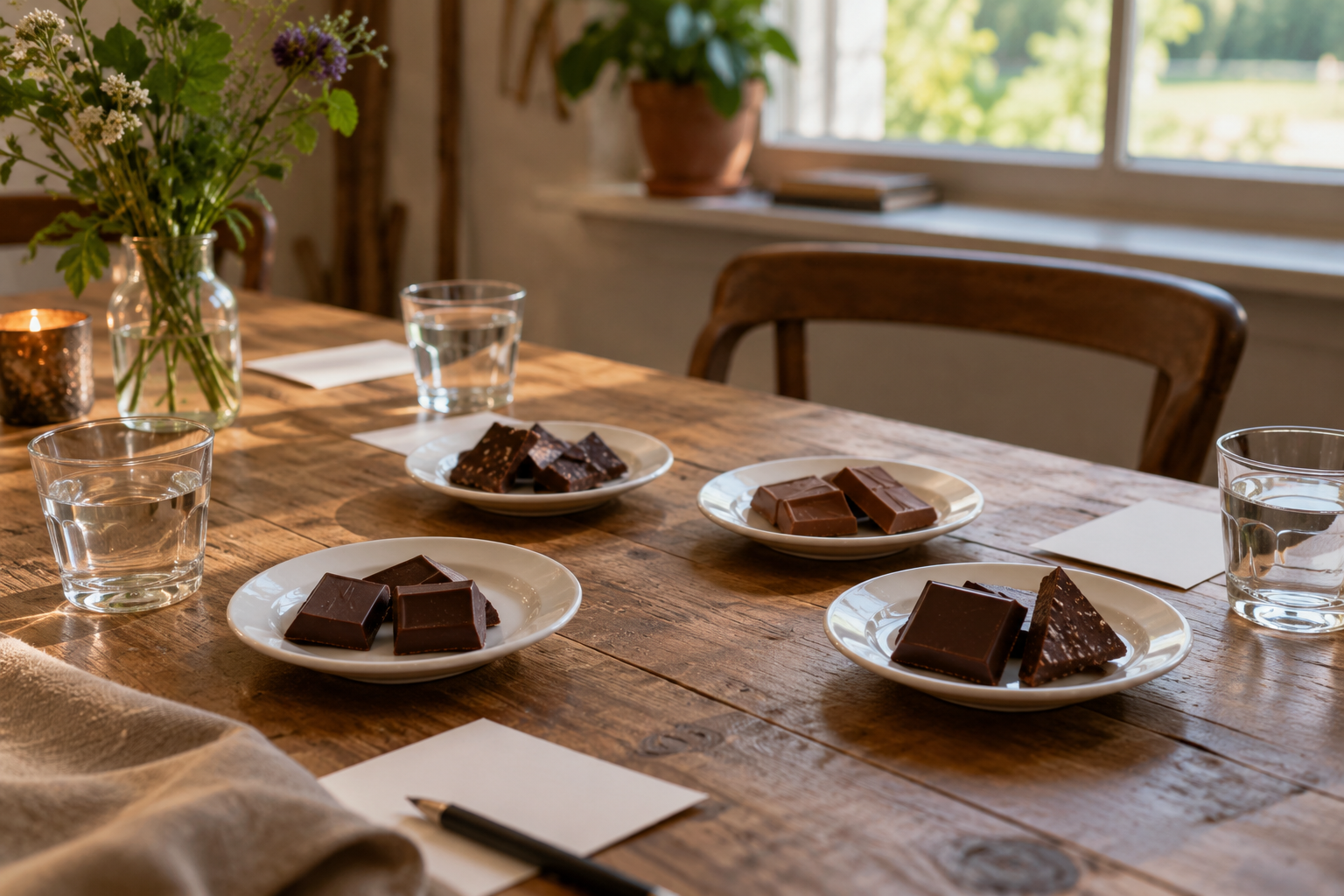Tafel ingericht voor een chocoladeproeverij met vier schoteltjes