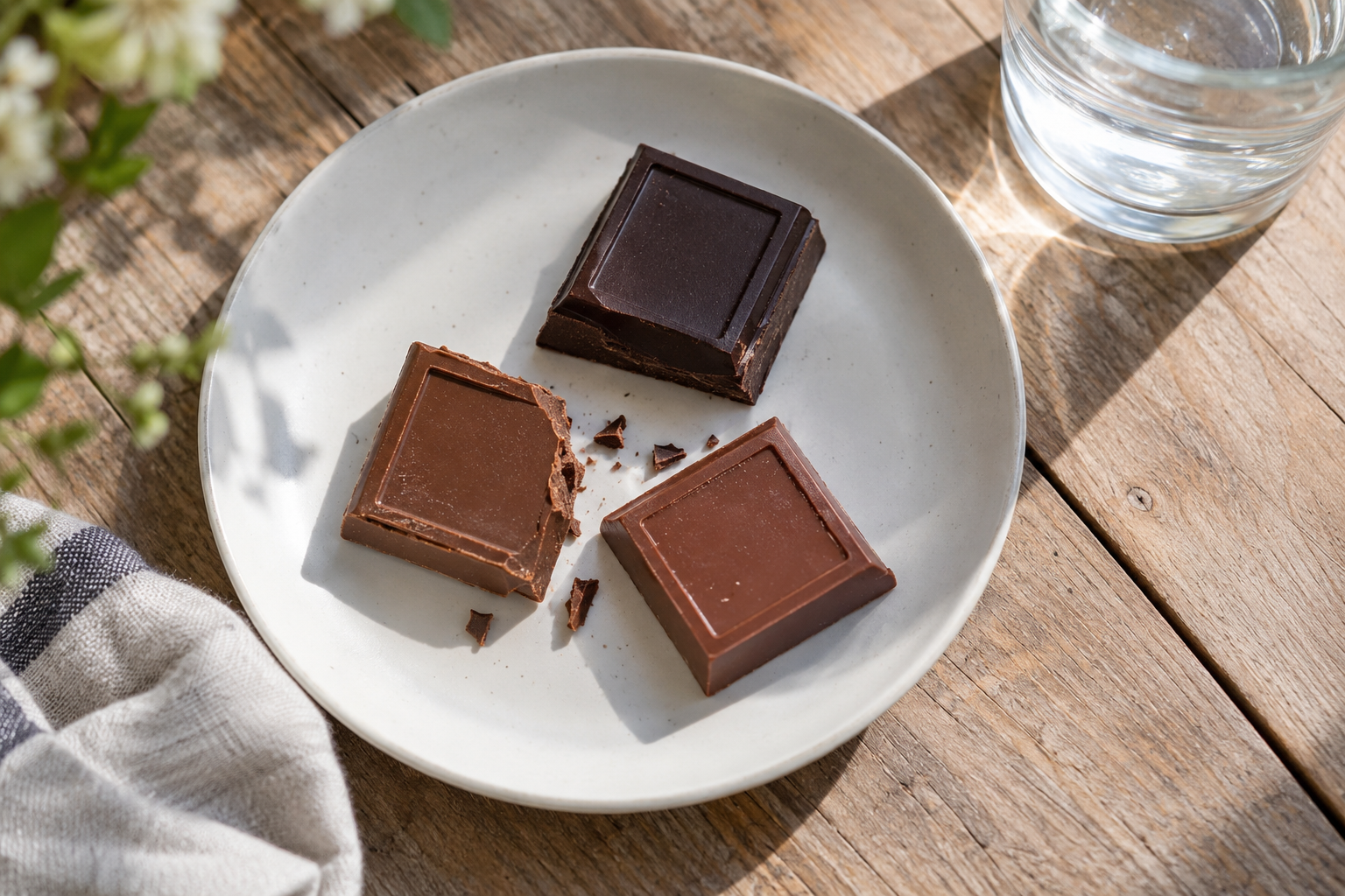 Drie verschillende chocoladestukjes op een wit bord