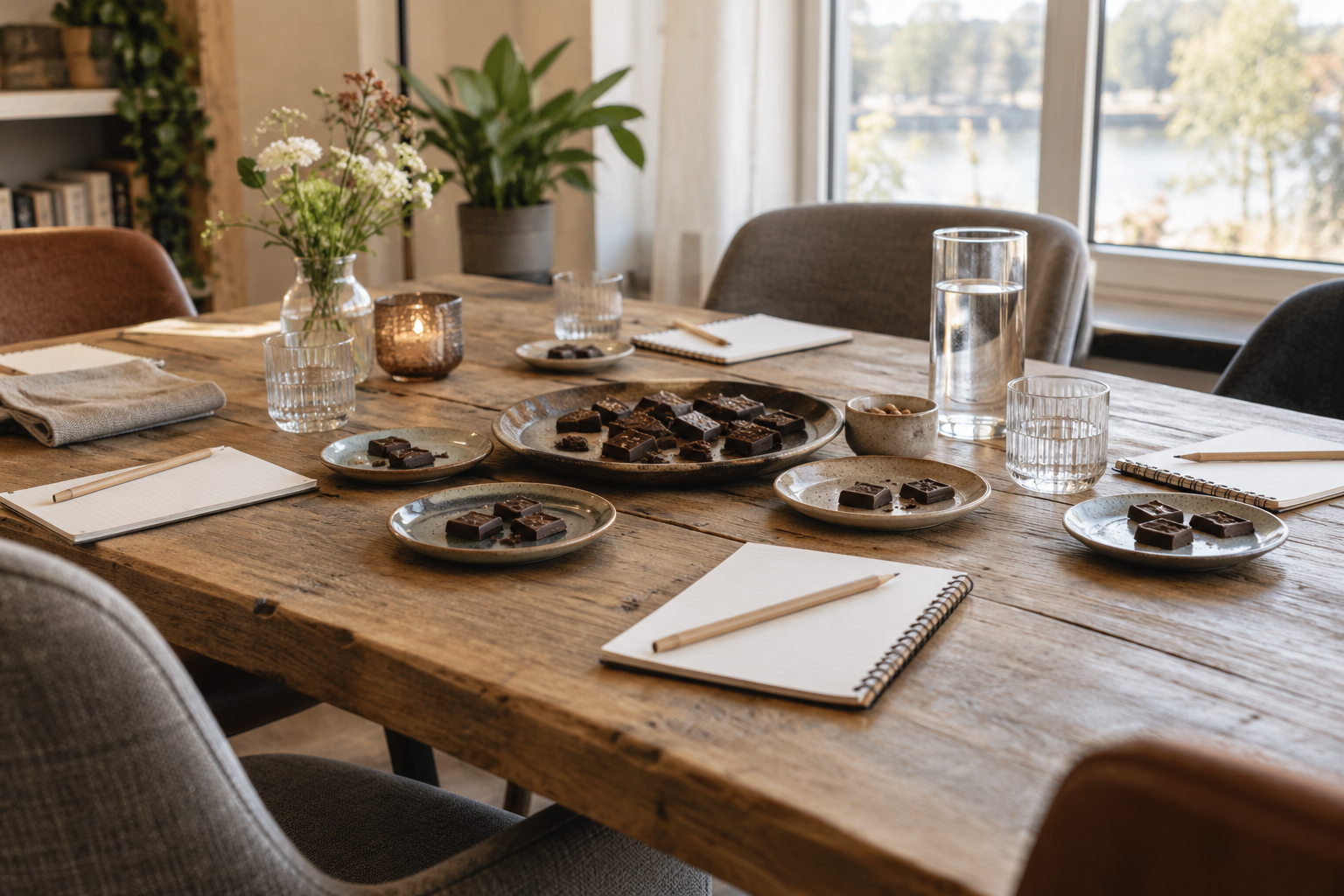 Proeftafel met chocolade, water en blanco notitiekaartjes